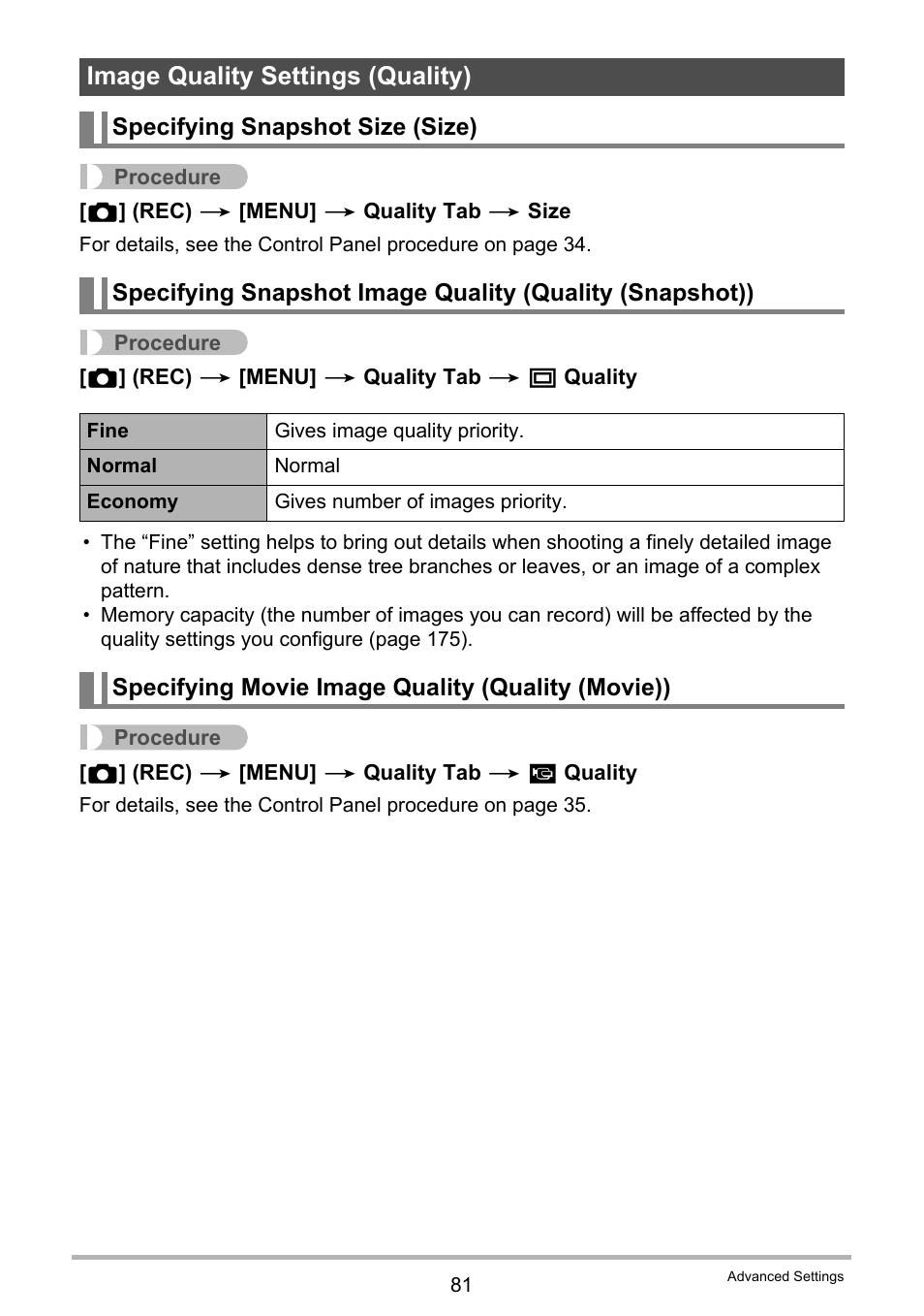 Image quality settings (quality), Specifying snapshot size (size), Specifying movie image quality (quality (movie)) | Casio EX-Z335 User Manual | Page 81 / 194