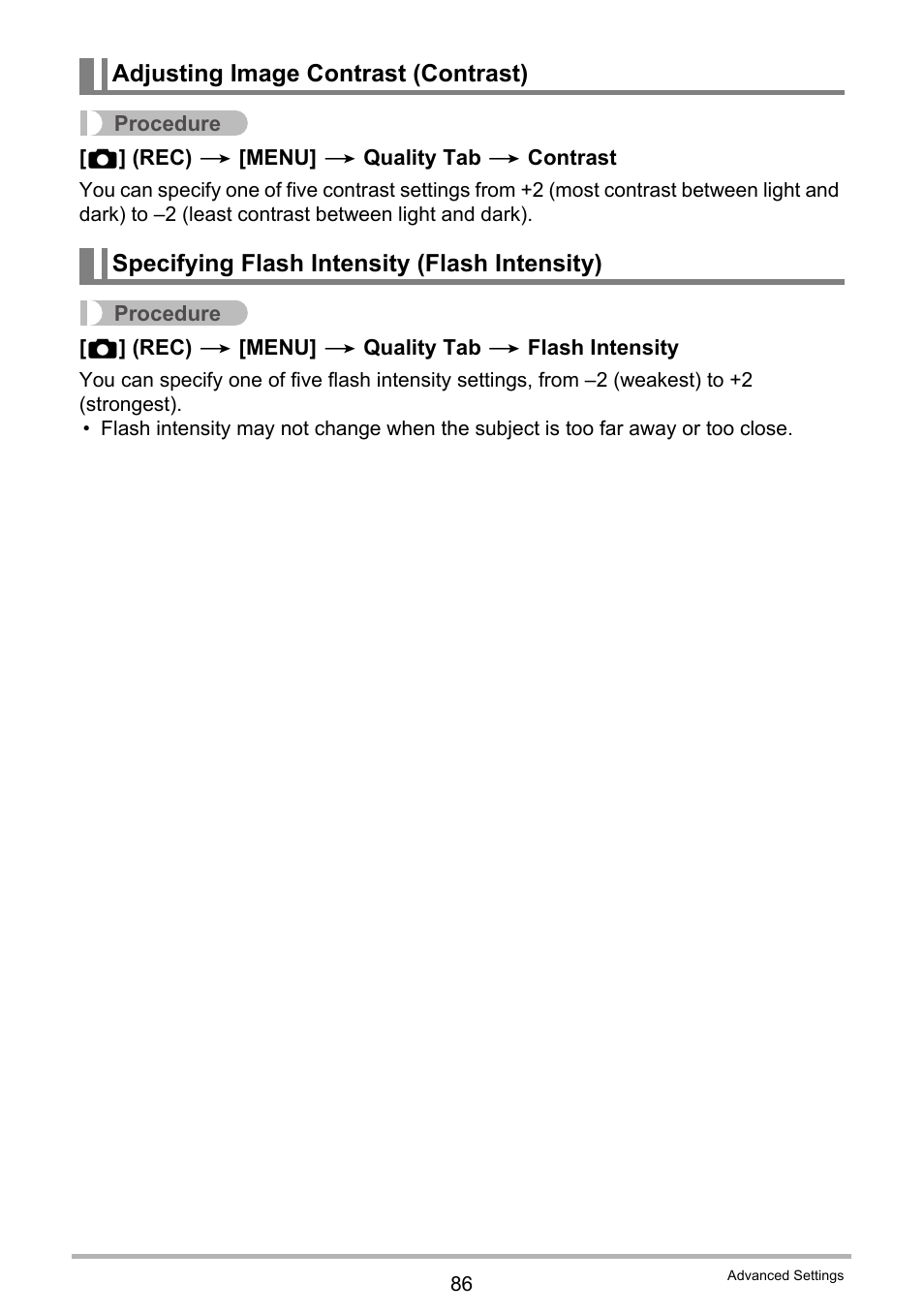 Adjusting image contrast (contrast), Specifying flash intensity (flash intensity) | Casio EX-Z335 User Manual | Page 86 / 194
