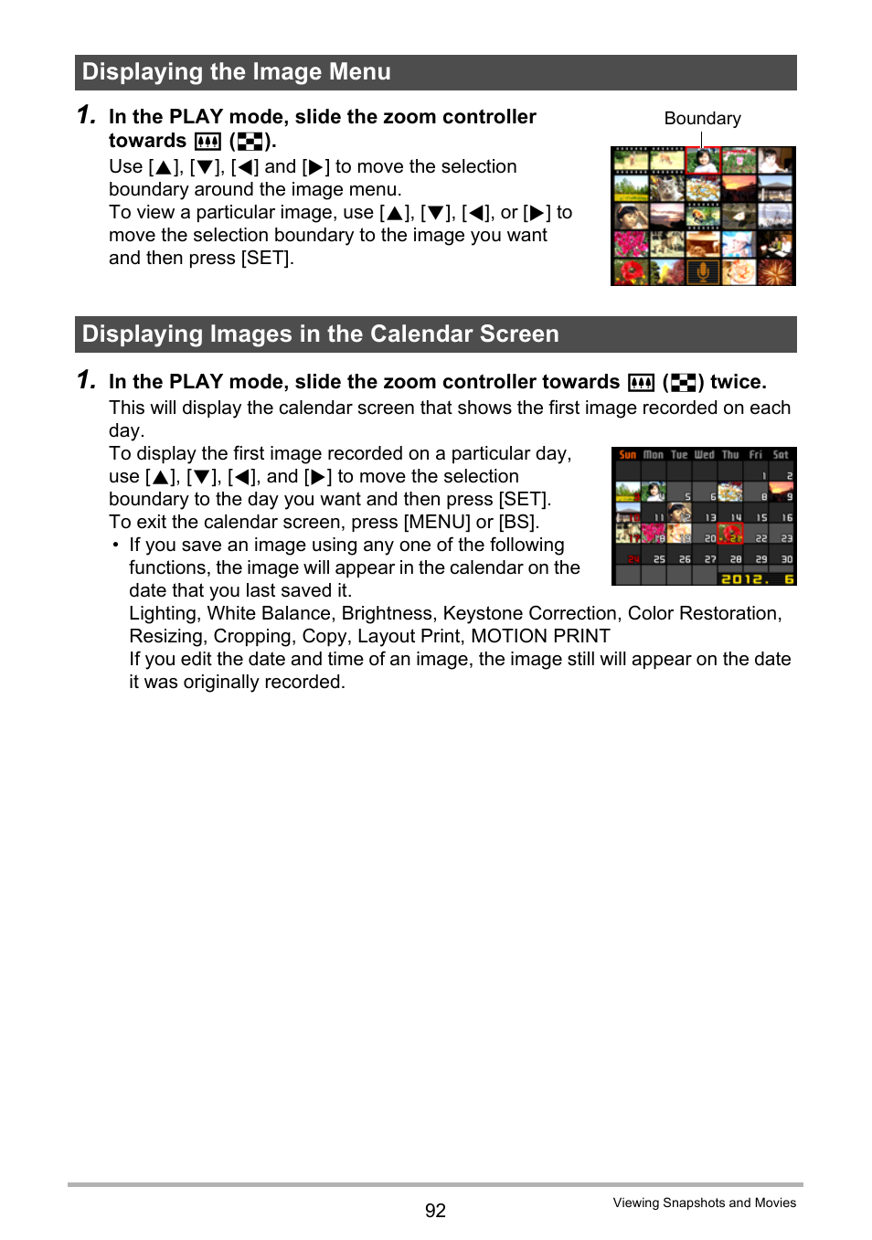 Displaying the image menu, Displaying images in the calendar screen | Casio EX-Z335 User Manual | Page 92 / 194