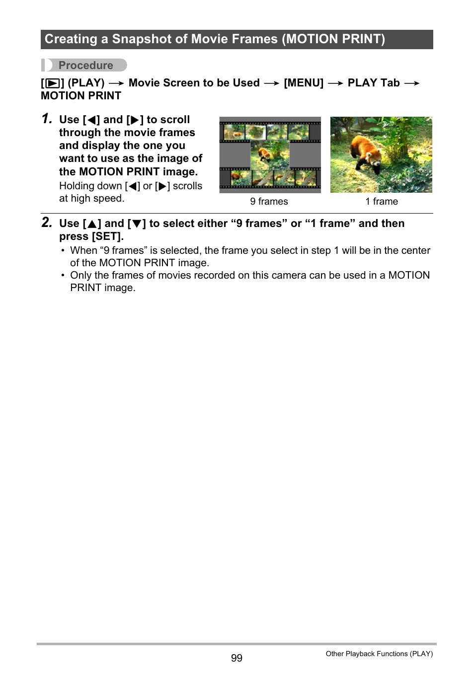 Creating a snapshot of movie frames (motion print) | Casio EX-Z335 User Manual | Page 99 / 194