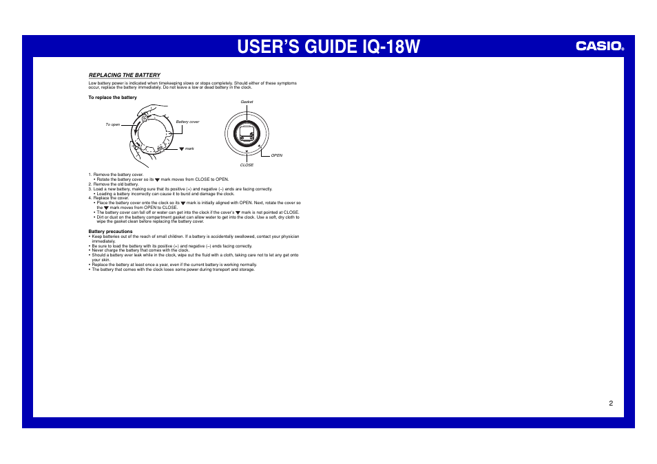 Replacing the battery, User’s guide iq-18w | Casio IQ-18W User Manual | Page 2 / 2