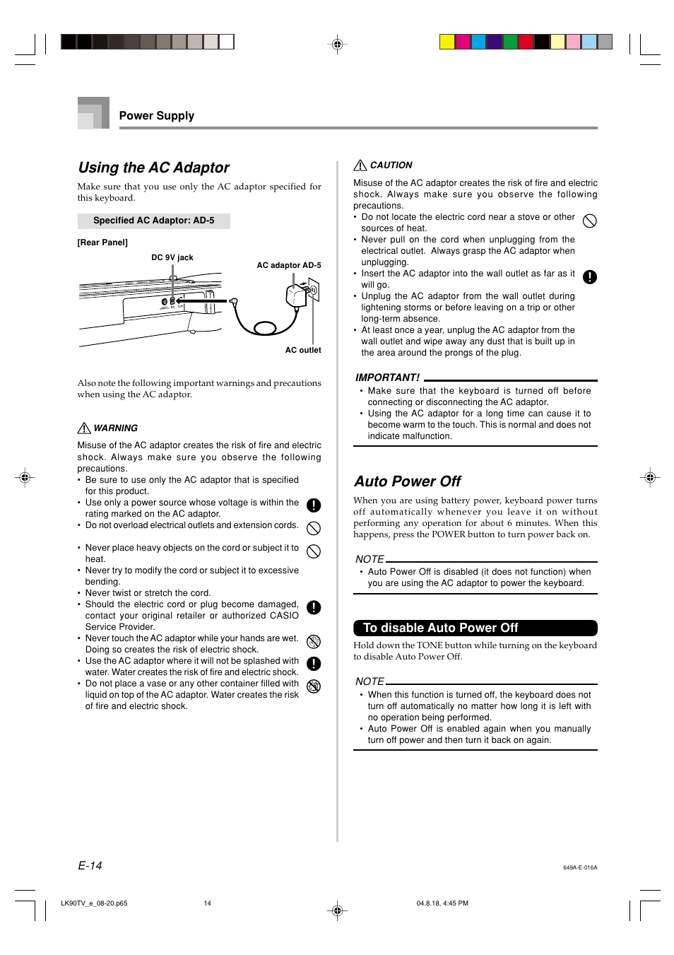 Auto power off, Using the ac adaptor, E-14 | Power supply | Casio LK92TV User Manual | Page 16 / 81