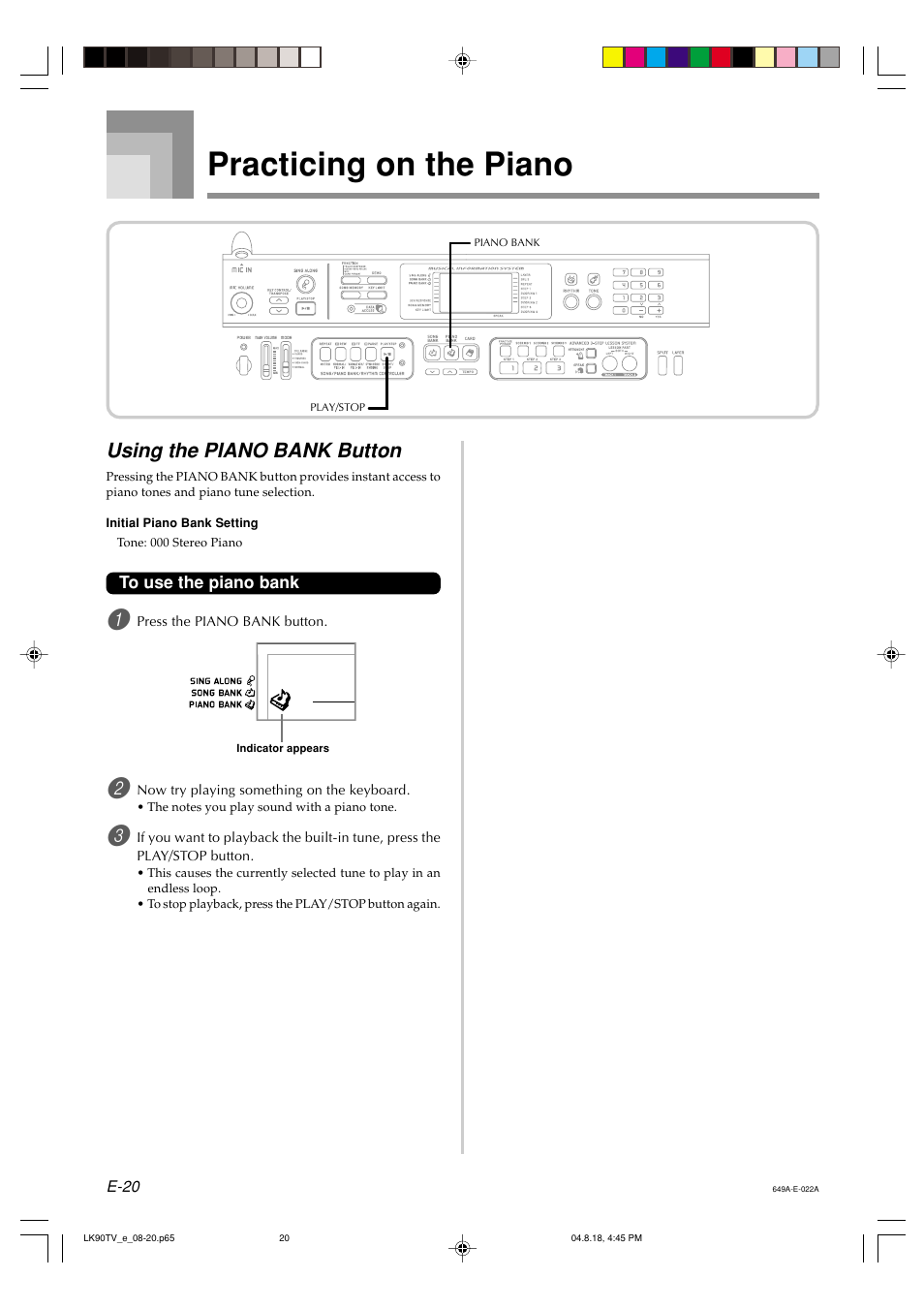 Practicing on the piano, Using the piano bank button | Casio LK92TV User Manual | Page 22 / 81