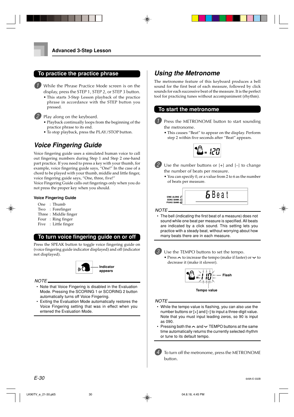 B e a t, Voice fingering guide, Using the metronome | Casio LK92TV User Manual | Page 32 / 81