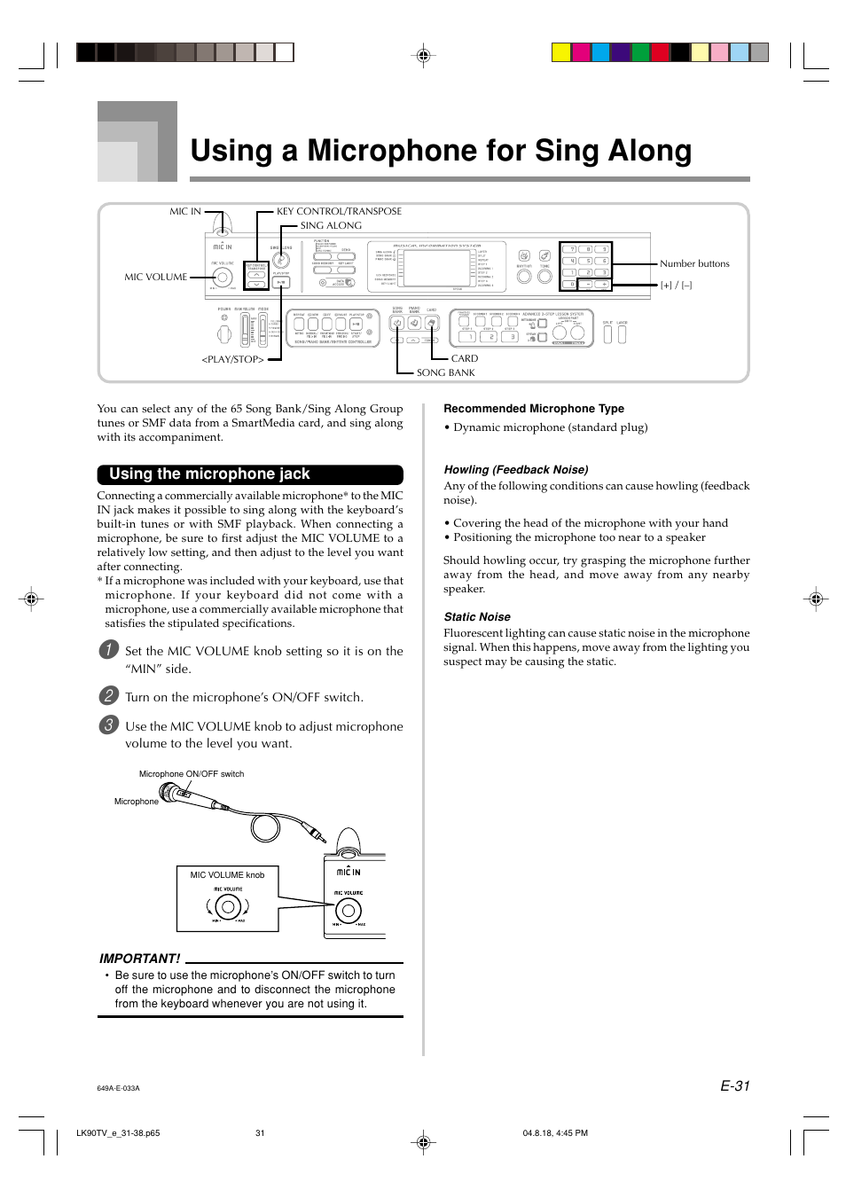 Using a microphone for sing along, Using the microphone jack | Casio LK92TV User Manual | Page 33 / 81