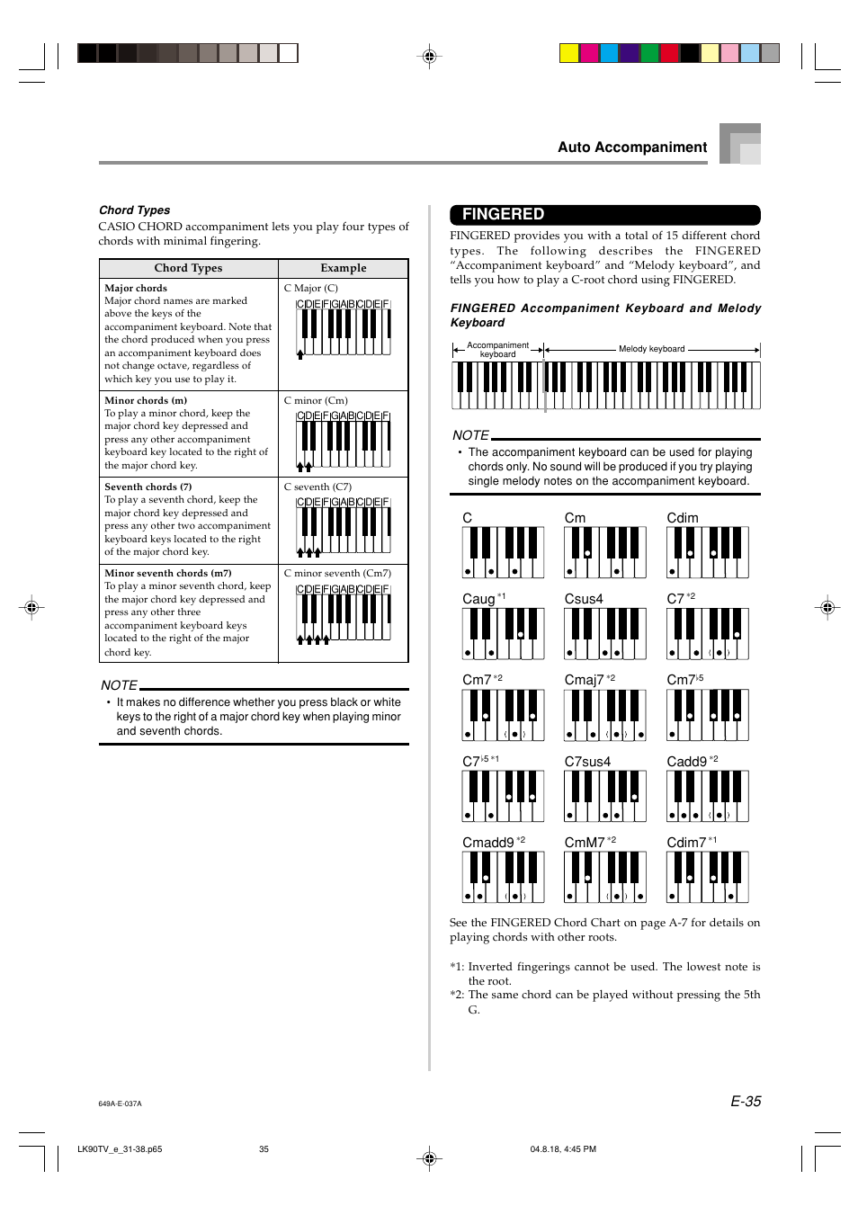 Fingered, E-35, Auto accompaniment | Casio LK92TV User Manual | Page 37 / 81