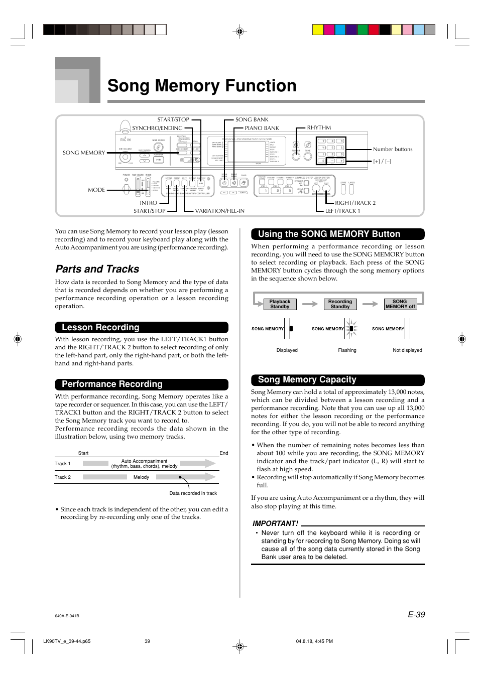 Parts and tracks, Lesson recording, Performance recording | E-39 | Casio LK92TV User Manual | Page 41 / 81