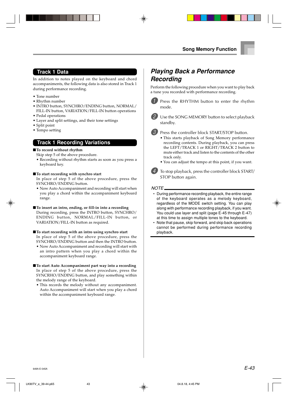 Playing back a performance recording | Casio LK92TV User Manual | Page 45 / 81