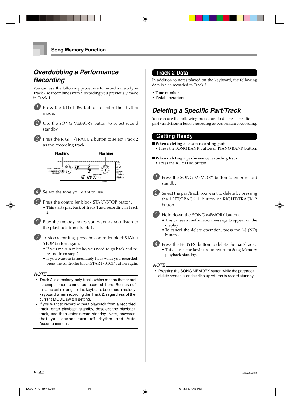 Overdubbing a performance recording, Deleting a specific part/track | Casio LK92TV User Manual | Page 46 / 81