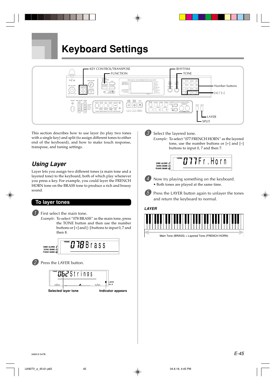 Keyboard settings, F r r . h o n, Using layer | Casio LK92TV User Manual | Page 47 / 81