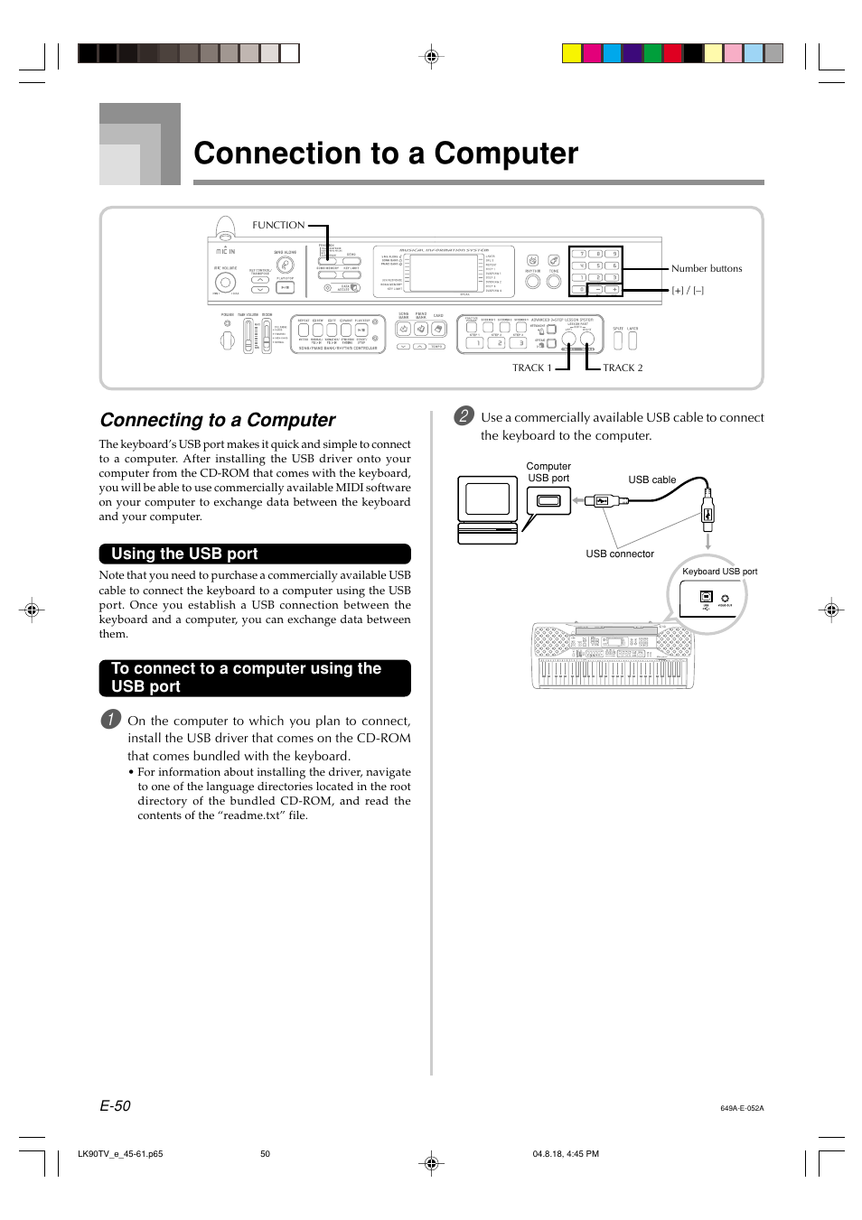 Connection to a computer, Connecting to a computer | Casio LK92TV User Manual | Page 52 / 81