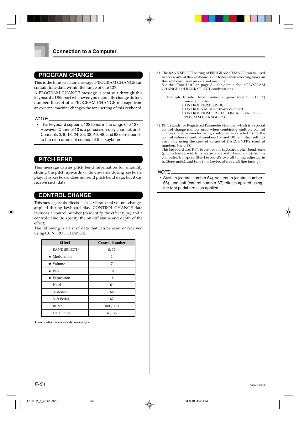 Program change, Pitch bend, Control change | E-54 connection to a computer | Casio LK92TV User Manual | Page 56 / 81