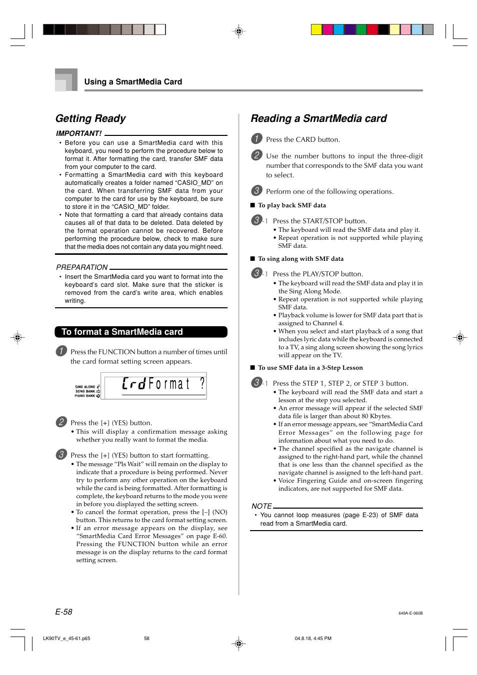 F o r ma t, Reading a smartmedia card, Getting ready | Casio LK92TV User Manual | Page 60 / 81