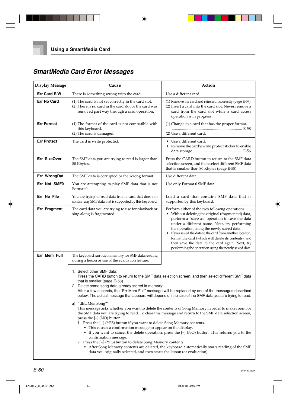 Smartmedia card error messages, E-60, Using a smartmedia card | Casio LK92TV User Manual | Page 62 / 81