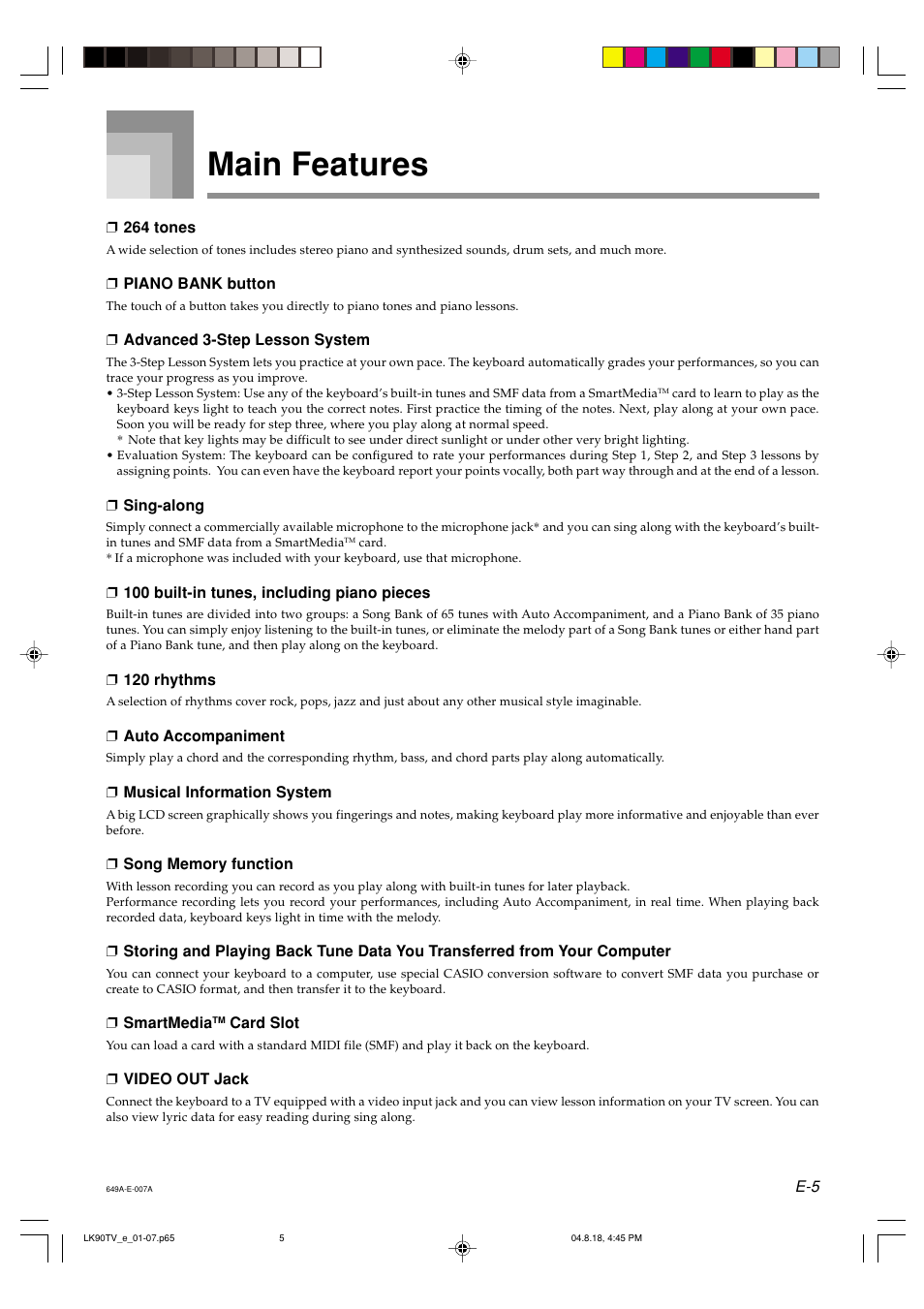 Main features | Casio LK92TV User Manual | Page 7 / 81