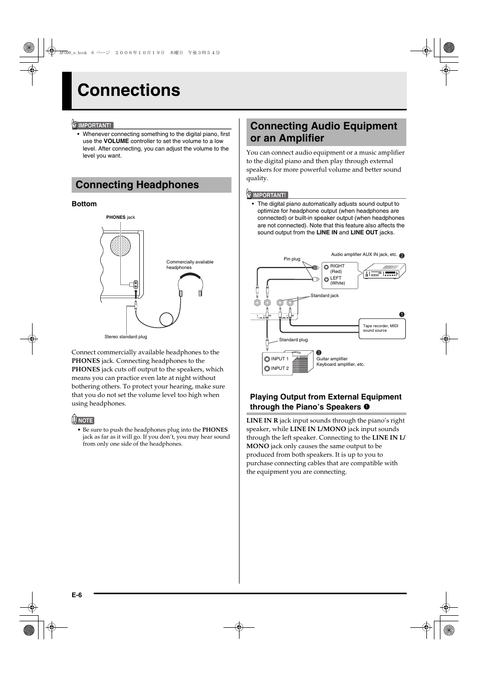 Connections, Connecting headphones, Connecting audio equipment or an amplifier | Casio AP-500 User Manual | Page 10 / 57