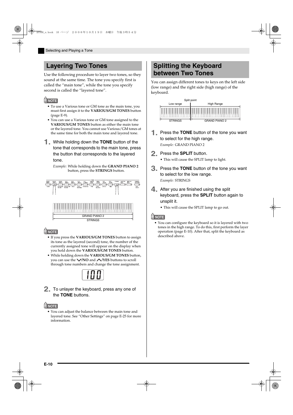 Layering two tones, Splitting the keyboard between two tones | Casio AP-500 User Manual | Page 14 / 57