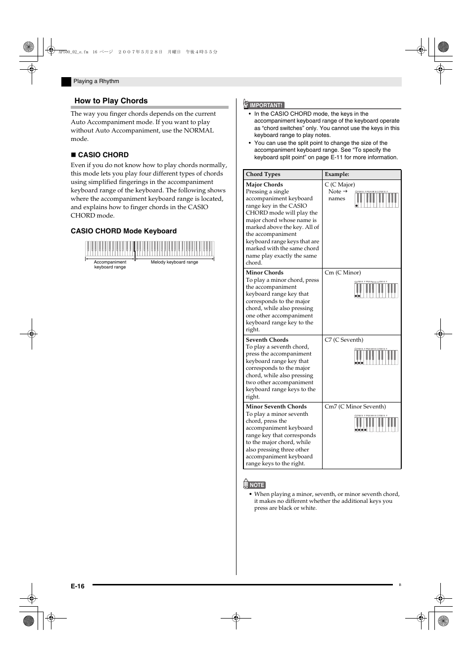 How to play chords, Casio chord, Casio chord mode keyboard | E-16, Playing a rhythm | Casio AP-500 User Manual | Page 20 / 57
