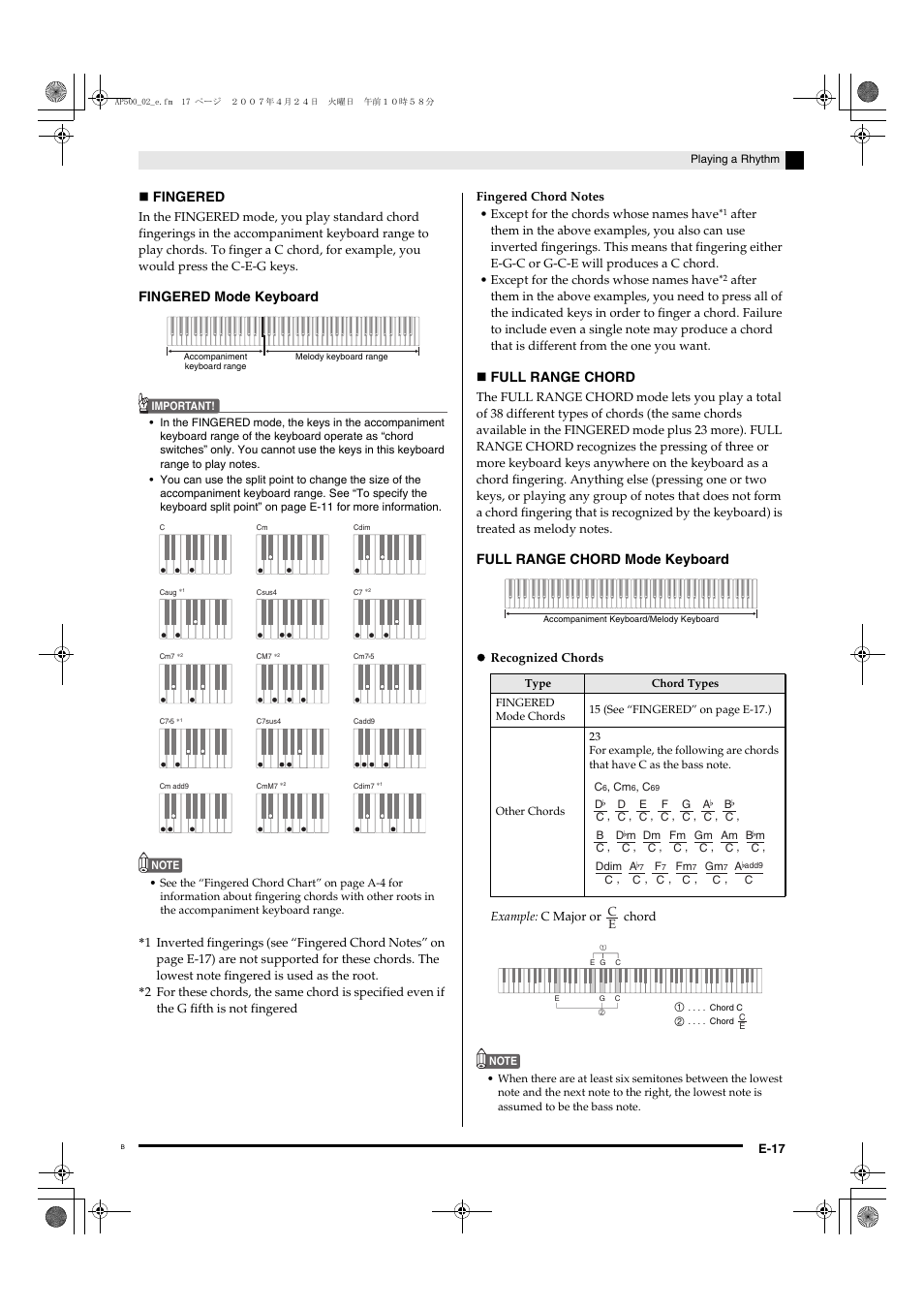 Fingered, Fingered mode keyboard, Full range chord | Full range chord mode keyboard | Casio AP-500 User Manual | Page 21 / 57