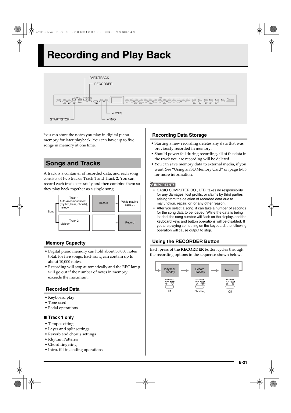 Recording and play back, Songs and tracks | Casio AP-500 User Manual | Page 25 / 57