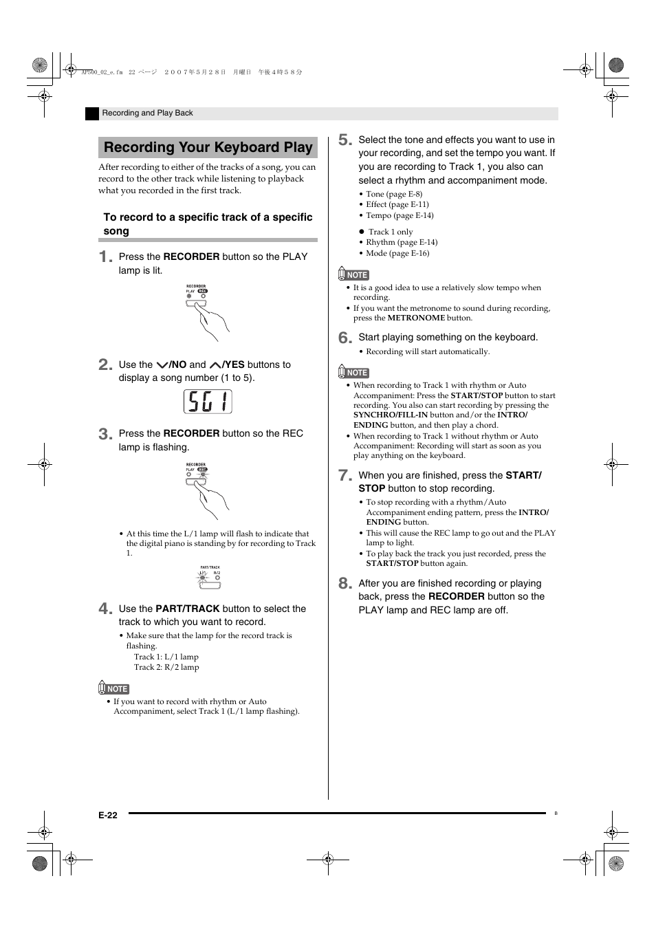 Recording your keyboard play | Casio AP-500 User Manual | Page 26 / 57