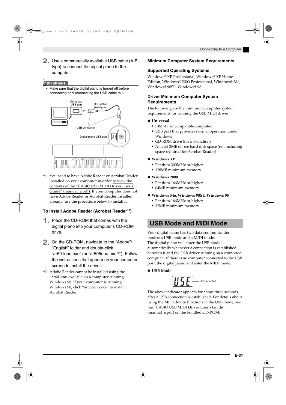 Usb mode and midi mode | Casio AP-500 User Manual | Page 35 / 57