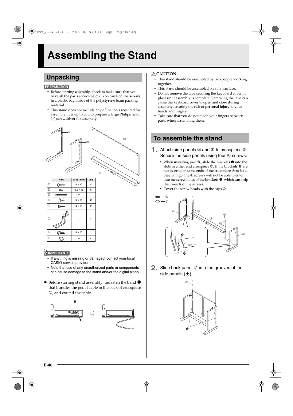 Assembling the stand, Unpacking | Casio AP-500 User Manual | Page 44 / 57
