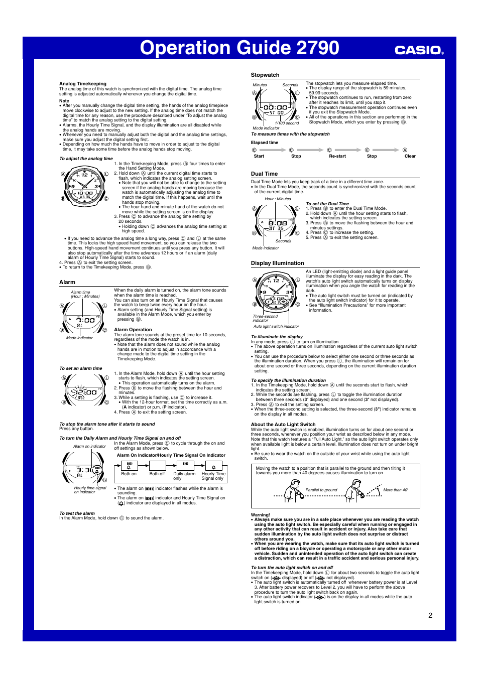 Alarm, Stopwatch, Dual time | Display illumination, Operation guide 2790 | Casio 2790 User Manual | Page 2 / 4