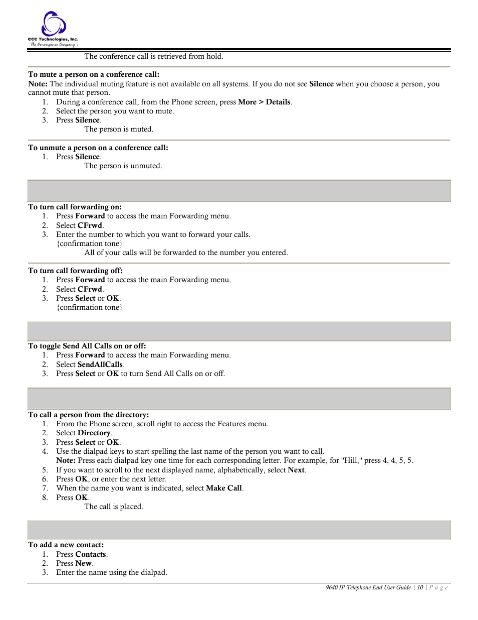 To mute a person on a conference call, To unmute a person on a conference call, Call forwarding all calls | To turn call forwarding on, To turn call forwarding off, Send all calls, To toggle send all calls on or off, Directory, To call a person from the directory, Contacts | Avaya 9640 IP Telephone User Manual | Page 10 / 18
