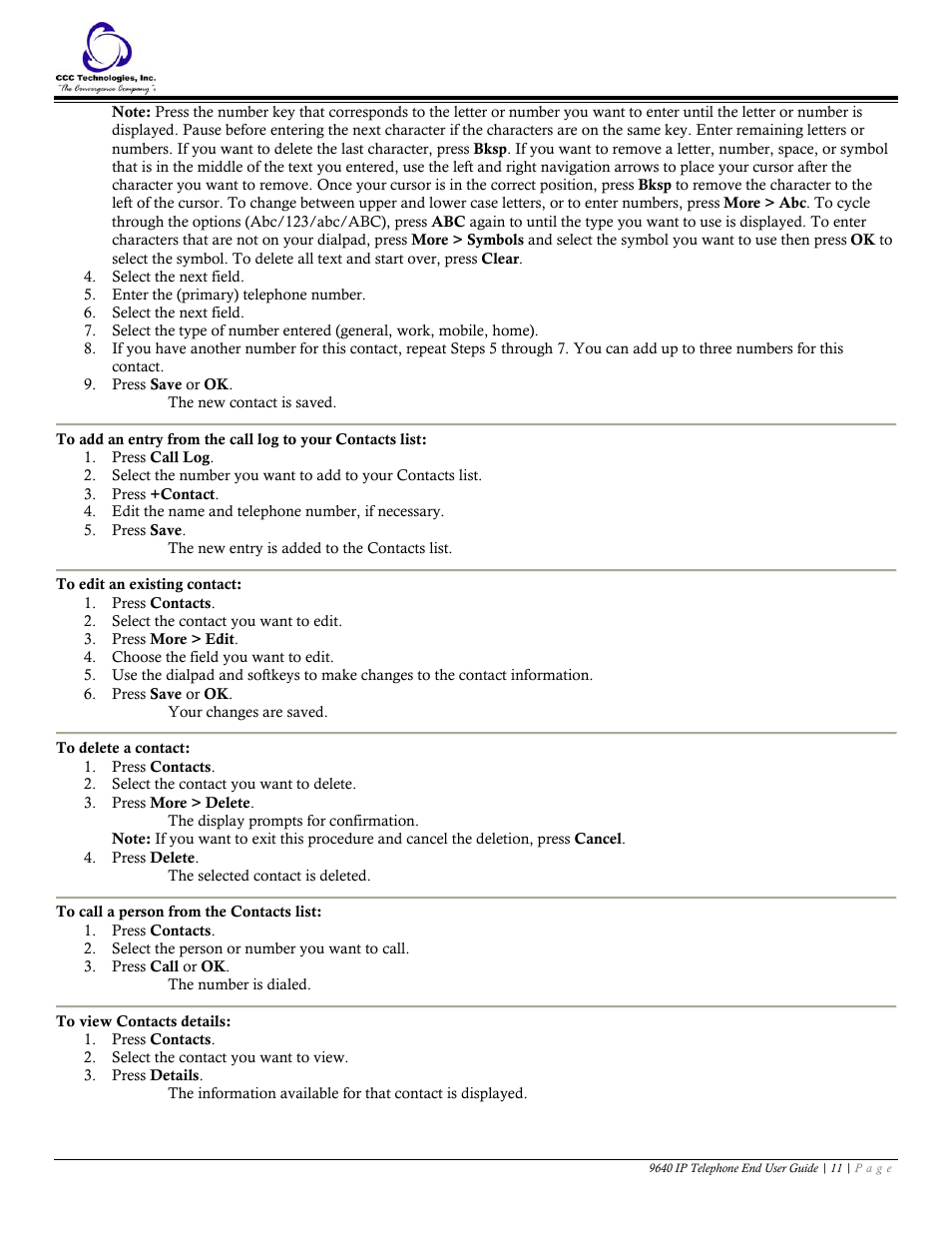To edit an existing contact, To delete a contact, To call a person from the contacts list | To view contacts details | Avaya 9640 IP Telephone User Manual | Page 11 / 18