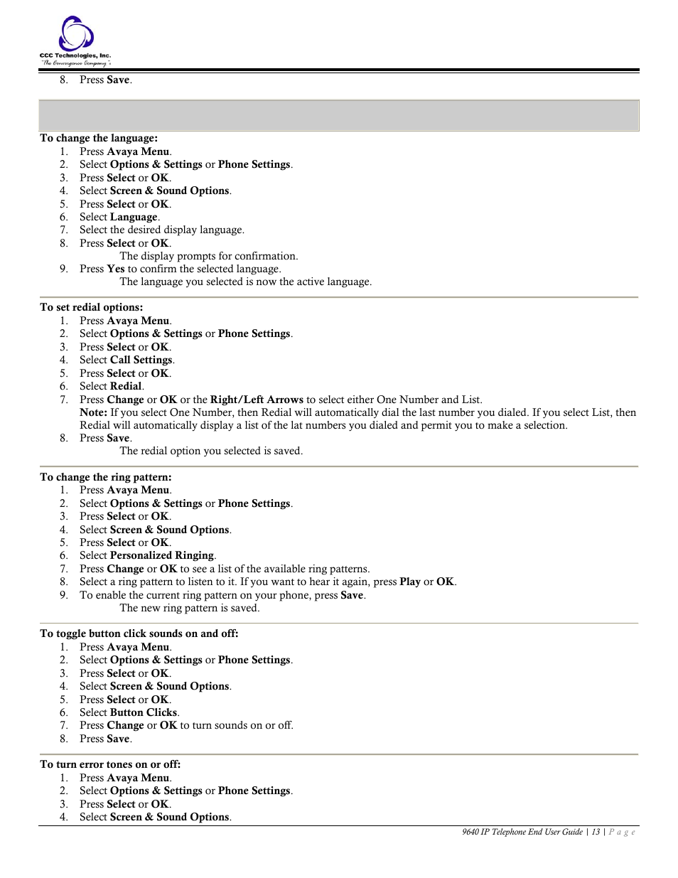 Telephone settings, To change the language, To set redial options | To change the ring pattern, To toggle button click sounds on and off, To turn error tones on or off | Avaya 9640 IP Telephone User Manual | Page 13 / 18