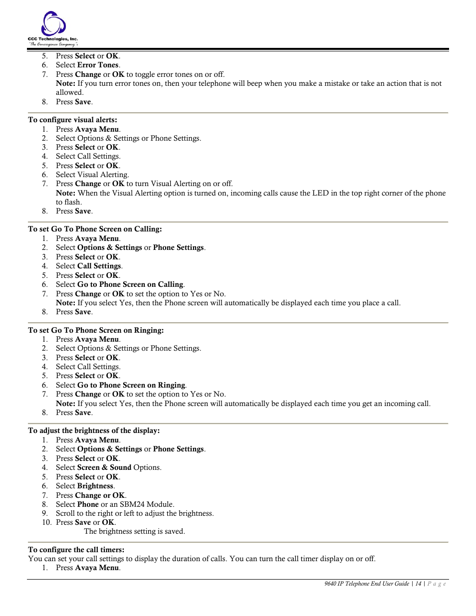To configure visual alerts, To set go to phone screen on calling, To set go to phone screen on ringing | To adjust the brightness of the display, To configure the call timers | Avaya 9640 IP Telephone User Manual | Page 14 / 18