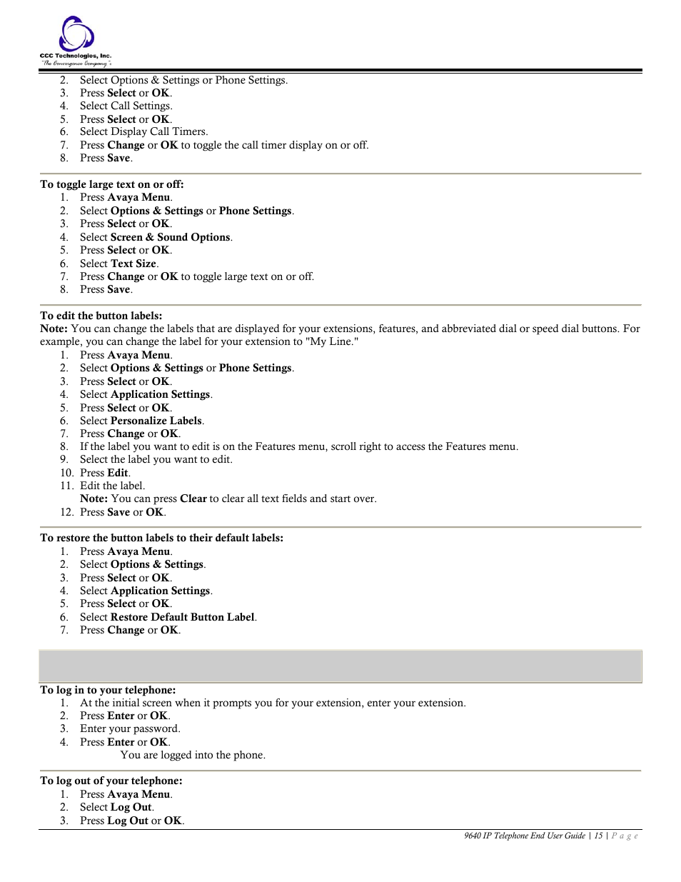 To toggle large text on or off, To edit the button labels, Log in/out telephone | To log in to your telephone, To log out of your telephone | Avaya 9640 IP Telephone User Manual | Page 15 / 18