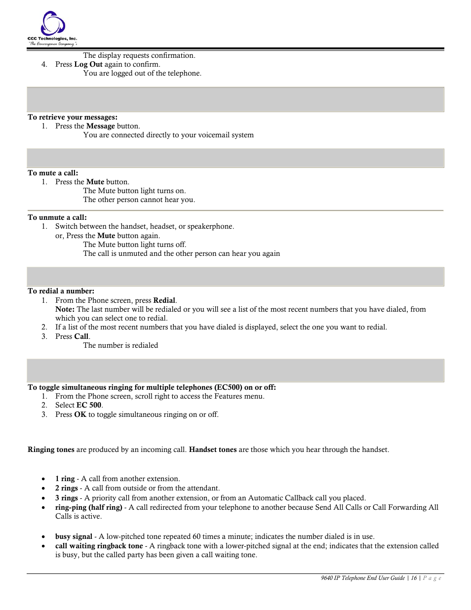 Message, To retrieve your messages, Mute | To mute a call, To unmute a call, Redial, To redial a number, Simultaneous ringing, Tones and their meanings, Ringing tones | Avaya 9640 IP Telephone User Manual | Page 16 / 18