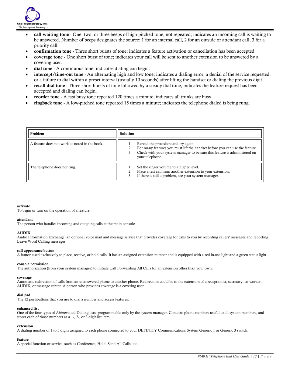 Troubleshooting, Glossary | Avaya 9640 IP Telephone User Manual | Page 17 / 18