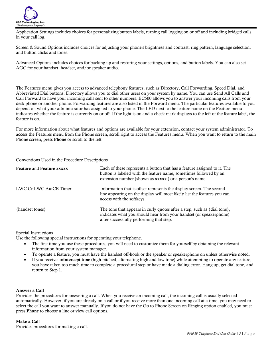 Features menu, Conventions, Feature finder | Avaya 9640 IP Telephone User Manual | Page 5 / 18
