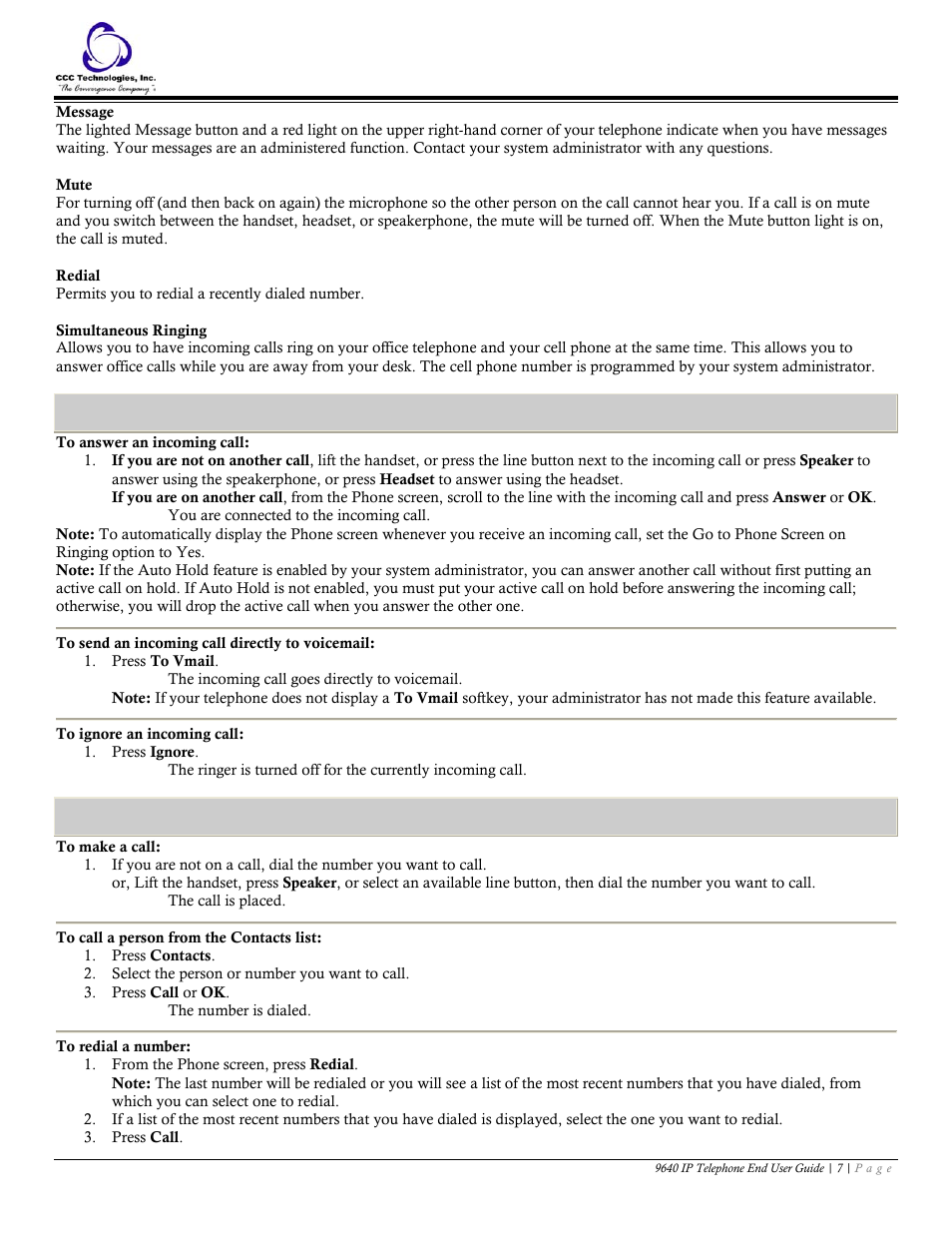 Answer a call, To answer an incoming call, To send an incoming call directly to voicemail | To ignore an incoming call, Make a call, To make a call, To call a person from the contacts list, To redial a number | Avaya 9640 IP Telephone User Manual | Page 7 / 18