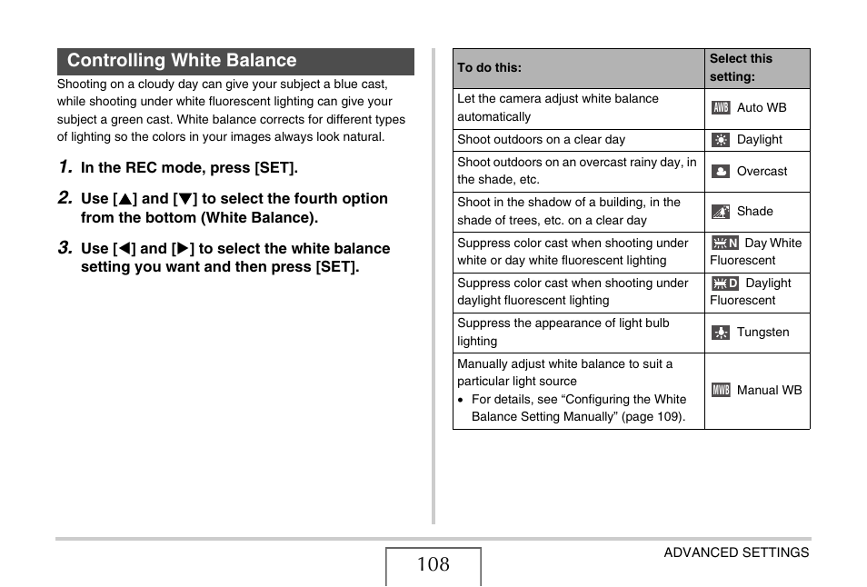 Controlling white balance, E 108) | Casio EX-Z11 User Manual | Page 108 / 233