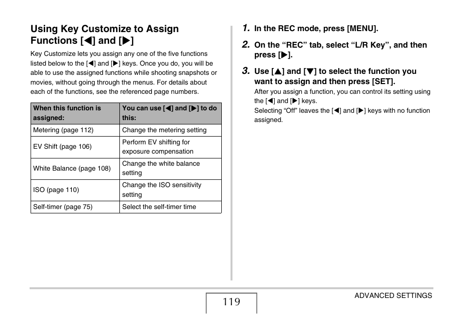 Using key customize to assign functions [<] and, Using key customize to assign functions, W] and [x | Casio EX-Z11 User Manual | Page 119 / 233