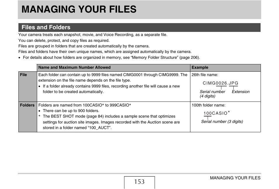Managing your files, Files and folders | Casio EX-Z11 User Manual | Page 153 / 233