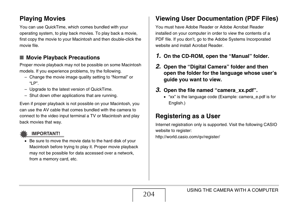 Playing movies, Viewing user documentation (pdf files), Registering as a user | Casio EX-Z11 User Manual | Page 204 / 233