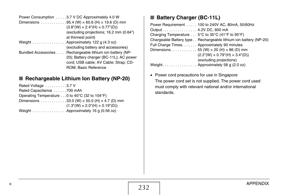 Rechargeable lithium ion battery (np-20), Battery charger (bc-11l) | Casio EX-Z11 User Manual | Page 232 / 233