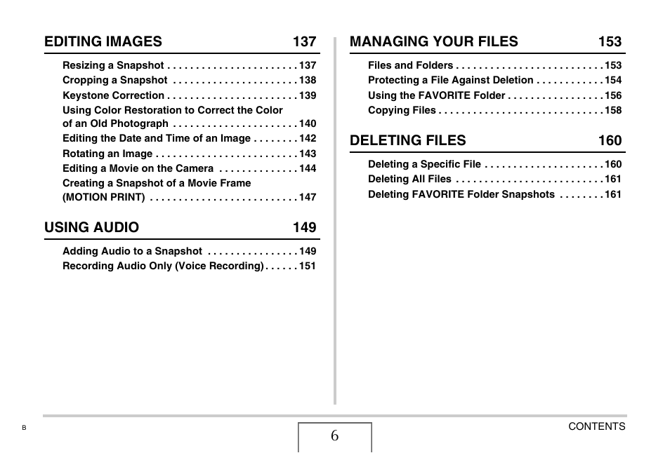 Editing images 137, Using audio 149, Managing your files 153 | Deleting files 160 | Casio EX-Z11 User Manual | Page 6 / 233