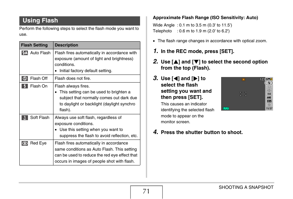 Using flash, Ge 71) | Casio EX-Z11 User Manual | Page 71 / 233