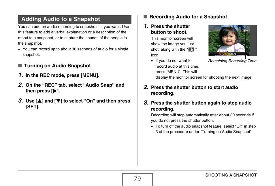 Adding audio to a snapshot | Casio EX-Z11 User Manual | Page 79 / 233