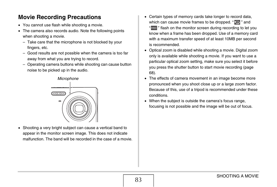 Movie recording precautions | Casio EX-Z11 User Manual | Page 83 / 233