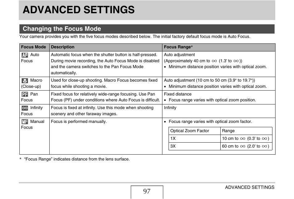 Advanced settings, Changing the focus mode | Casio EX-Z11 User Manual | Page 97 / 233
