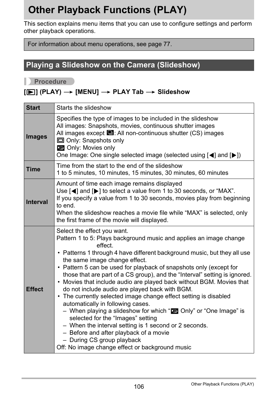 Other playback functions (play), Playing a slideshow on the camera (slideshow), Other playback functions | Play) 106 | Casio EXILIM EX-F1 User Manual | Page 106 / 185