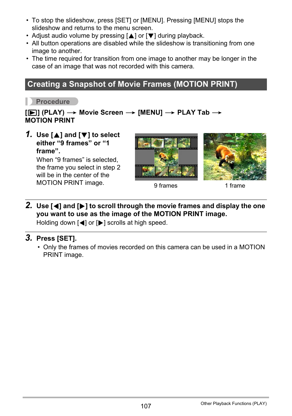 Creating a snapshot of movie frames (motion print) | Casio EXILIM EX-F1 User Manual | Page 107 / 185