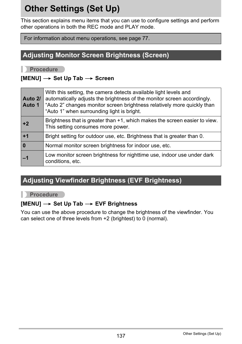 Other settings (set up), Adjusting monitor screen brightness (screen), Adjusting viewfinder brightness (evf brightness) | Other settings, Set up) 137 | Casio EXILIM EX-F1 User Manual | Page 137 / 185